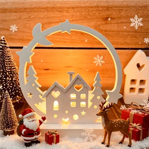 Luminária em arco com casinhas e árvores de Natal iluminadas