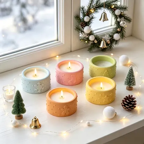 Velas em potes coloridos com decoração natalina na janela